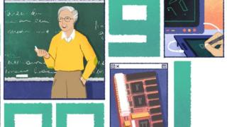 Doodle do Google homenageando Dertouzos: um professor de cabelos brancos, com um giz na mão, em frente a um quadro escolar
