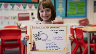 A girl holding up a picture of an invention she has designed