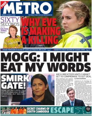 Front page of the Metro on 14 October 2019