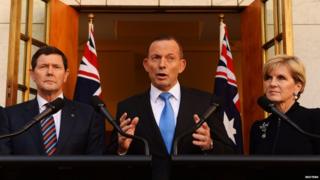 Australian Prime Minister Tony Abbott flanked by Kevin Andrews and Julie Bishop - 9 September