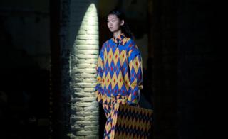 A model presents a creation by South African brand Chulaap during the 080 Fashion Week in Barcelona on February 4, 2019.