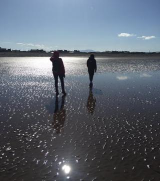 Silhouette of people walking on a beach