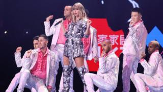 Singer Taylor Swift performs on the stage during the gala of 2019 Alibaba 11.11 Global Shopping Festival at Mercedes-Benz Arena on November 10, 2019 in Shanghai, China. (
