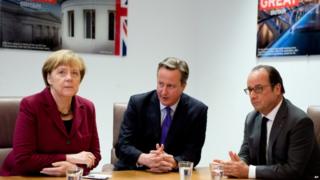 Angela Merkel (left), David Cameron (centre) and Francois Hollande (right)
