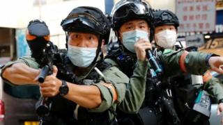 Riot police in Hong Kong prepare to fire pepper-sprayed ball against demonstrators. Photo: 6 September 2020