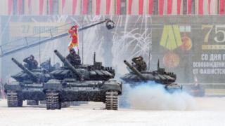 Russian tanks during a military parade in St Petersburg