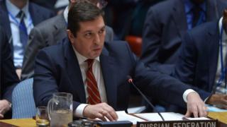 Российский представитель в ООН Владимир Сафронков на заседании Совета Безопасности 12 апреля 2017 года
