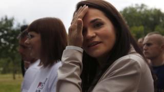 Svetlana Tsikhanovskaya after casting her vote on Sunday