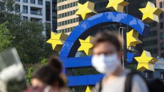 Euro sign at ECB building in Frankfurt, Germany, 24 Apr 2020