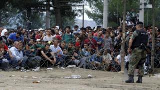 Мигранты стоят за колючей проволокой, заложенной македонской полицией, чтобы остановить тысячи мигрантов, незаконно въезжающих в Македонию из Греции 22 августа 2015 года