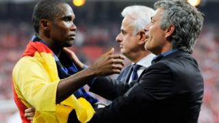 Samuel Eto'o and Jose Mourinho embrace after Inter Milan won the 2010 European Champions League
