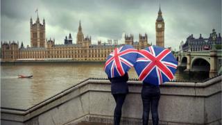 Two people viewing Parliament with union jack umbrellas