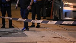Blood is visible at the scene where Hong Kong protest leader Jimmy Sham was attacked in the Mongkok district of Kowloon, 16 October 2019