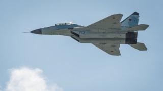 he new Russian jet MIG 35 performs during and exhibition flight on July 18, 2017 at the annual air show MAKS 2017 in Zhukovsky, some 40 km outside Moscow.