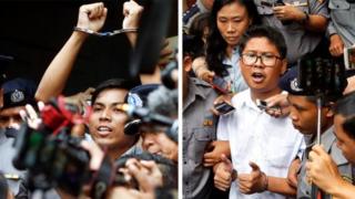 Kyaw Soe Oo (ibumoso) na Wa Lone bavuga ko batezwe umutego na polisi