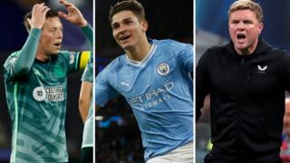 Celtic players react to a red card, Julian Alvarez and Eddie Howe