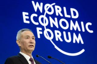 Member of the Political Bureau of the Communist Party of China (CPC) Central Committee Liu He delivers a speech at the annual World Economic Forum (WEF) on January 24, 2018 in Davos, eastern Switzerland. / AFP PHOTO / Fabrice COFFRINIFABRICE COFFRINI/AFP/Getty Images