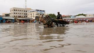 A donkey pulls a cart as they wade through a flooded street in Hamerweyne district of Mogadishu, Somalia May 20, 2018