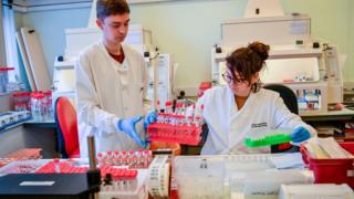 Лаборанты работают с образцами с подозрением на COVID-19 во время проведения диагностического теста на коронавирус в микробиологической лаборатории в специализированном вирусологическом центре при университетской больнице Уэльса в Кардиффе.