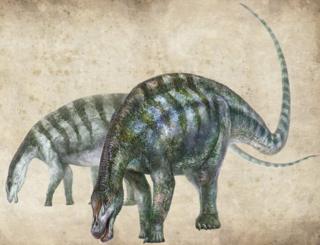   Illustration of a dinosaur with a long tail, green marks and a long snout 