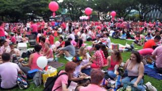 Толпа, одетая в розовое, собралась в парке Хонг Лим в Сингапуре, чтобы провести ежегодное мероприятие «Розовая точка» на публичной демонстрации поддержки сообщества ЛГБТ в Сингапуре 13 июня 2015 года.