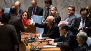 UN Security Council members cast their vote during a meeting on the election of five members of the International Court of Justice