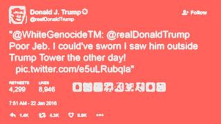 "@whitegenocideTM: @realDonaldTrump. Poor Jeb. I could've swon i saw him outsie Trump Twoer the other day"