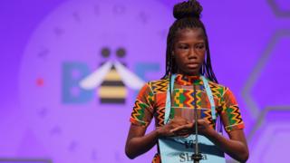 Shifa Amankwah-Gabbey, 12, of Accra, Ghana, participates in the 91st Scripps National Spelling Bee at the Gaylord National Resort and Convention Center May 30, 2018 in National Harbor, Maryland.