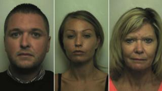 Adam Maybury (l), Faye Maybury and Caroline Wakefield were sentenced at Birmingham Crown Court