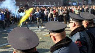 Albanian police face opposition protesters in Tirana. Photo: 8 December 2015