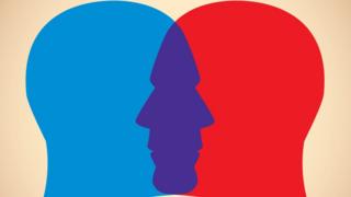 Ilustração mostra cabeças com sombreado azul e vermelho de face a face