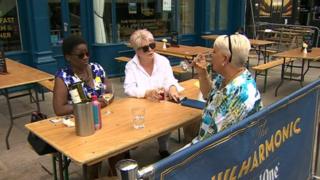 Women sat outside bar