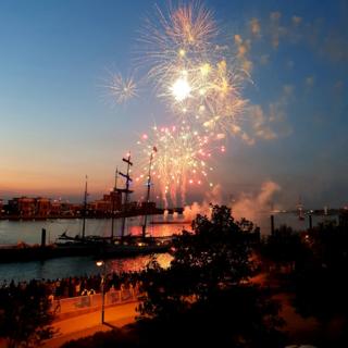 Fireworks at the Thames at Woolwich, celebrating the Tall Ships Festival 2018