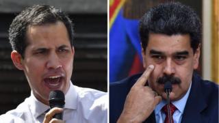 Juan Guaidó (ibumoso) yitangaje ko ari we "perezida w'agateganyo", mu gihe Nicolás Maduro (iburyo) na we avuga ko ari Perezida wa Venezuela