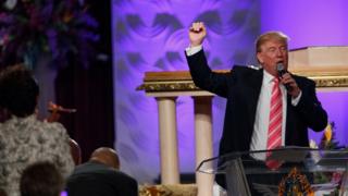 Republican presidential candidate Donald Trump speaks during a church service at Great Faith Ministries, Saturday, Sept. 3, 2016, in Detroit.