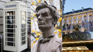 A composite image of a cream telephone box, Abraham Lincoln statue and the Savoy Hotel