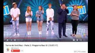A still from YouTube showing Brazilian TV host Raul Gil making a "slant eye" gesture while interviewing Korean pop group KARD