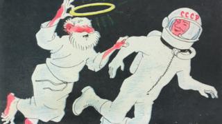 "Давай меняться: я тебе нимб, а ты мне шлем!" - гласит подпись к одному из приведенных в книге атеистических плакатов