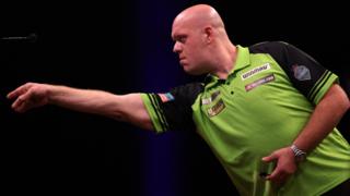 Michael van Gerwen in action during the Premier League of Darts night in Cardiff