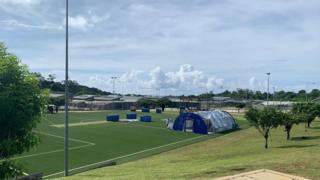 Tents make up a temporary medical field facility on Christmas Island