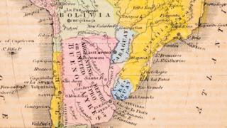 Mapa antiguo que muestra a Argentina, Bolivia, Brasil, Chile, Paraguay, Perú y Uruguay.