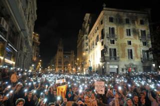 Protesters outside of the police station in Barcelona