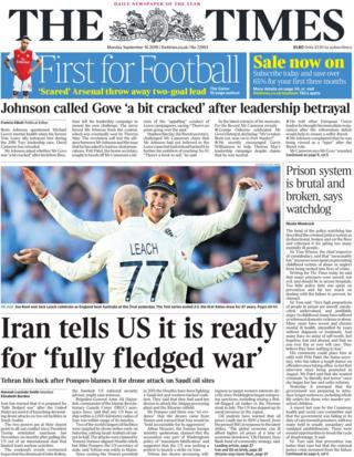 Front page of the Times on 16 September 2019