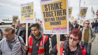 Union members demonstrate outside the TUC Congress earlier this month