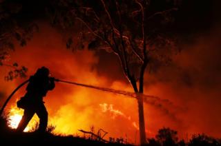 A firefighter is working on extinguishing the Lilac Fire, a fast-moving wildfire in Bonsall, California