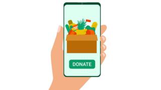 a hand holding a phone with a screen showing food and says donate
