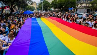 Activists participate in the Walk of Lesbian and Bisexual Women in São Paulo