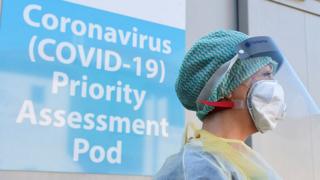 An Emergency Department Nurse during a demonstration of the Coronavirus pod and COVID-19 virus testing procedures set-up beside the Emergency Department of Antrim Area Hospital, Co Antrim in Northern Ireland