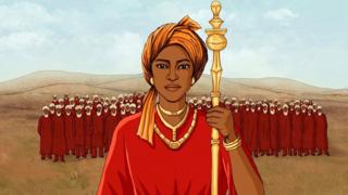 Ilustración de la reina Amina delante de su ejército