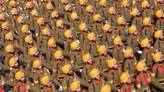 India's Sikh Light Infantry Regiment marches during the 71st Republic Day celebrations in New Delhi, India, 26 January 2020.